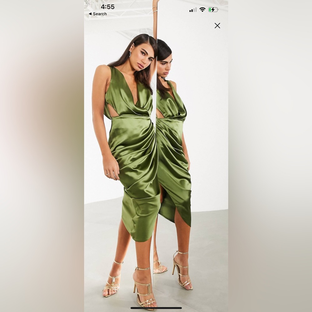 NWT ASOS Edition Green Satin Plunge Midi Dress with Drape Size 14